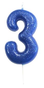 Picture of AGE 3 BLUE GLITTER NUMERAL MOULDED PICK CANDLE 7CM